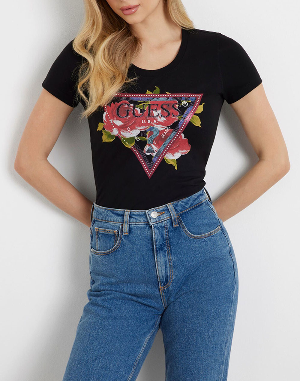 GUESS SS CN ROSES TRIANGLE TEE WOMENS T-SHIRT