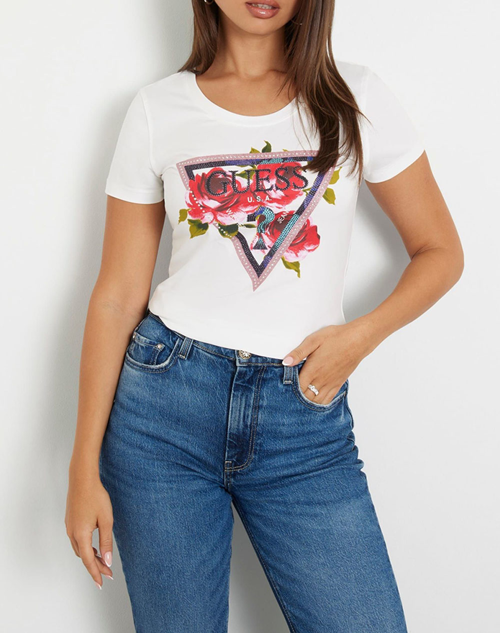 GUESS SS CN ROSES TRIANGLE TEE WOMENS T-SHIRT