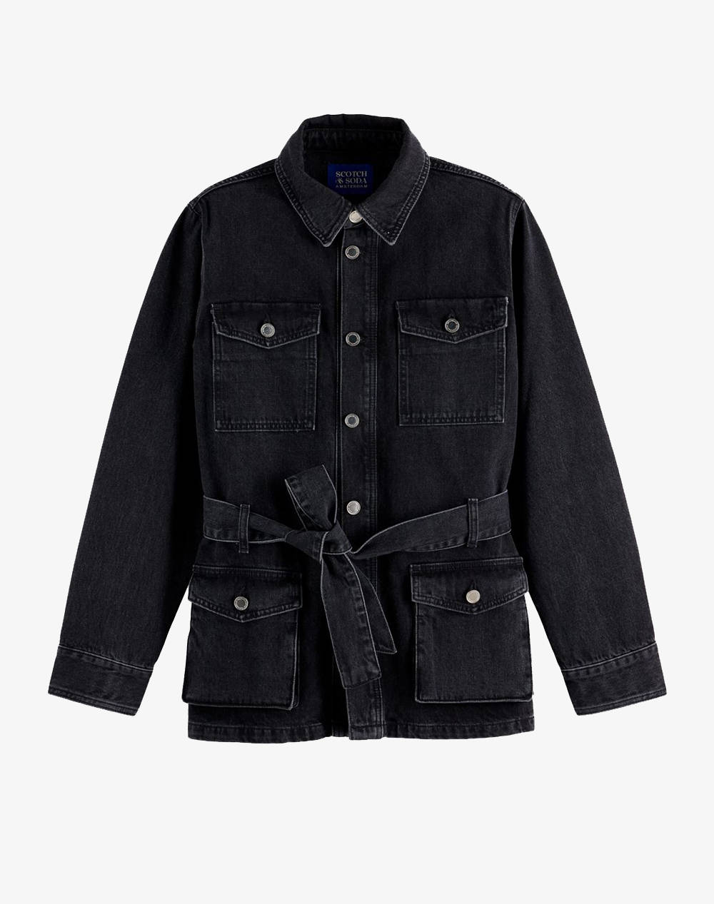 SCOTCH&SODA WORKED OUT BLACK CARGO DENIM JACKET WITH BELT