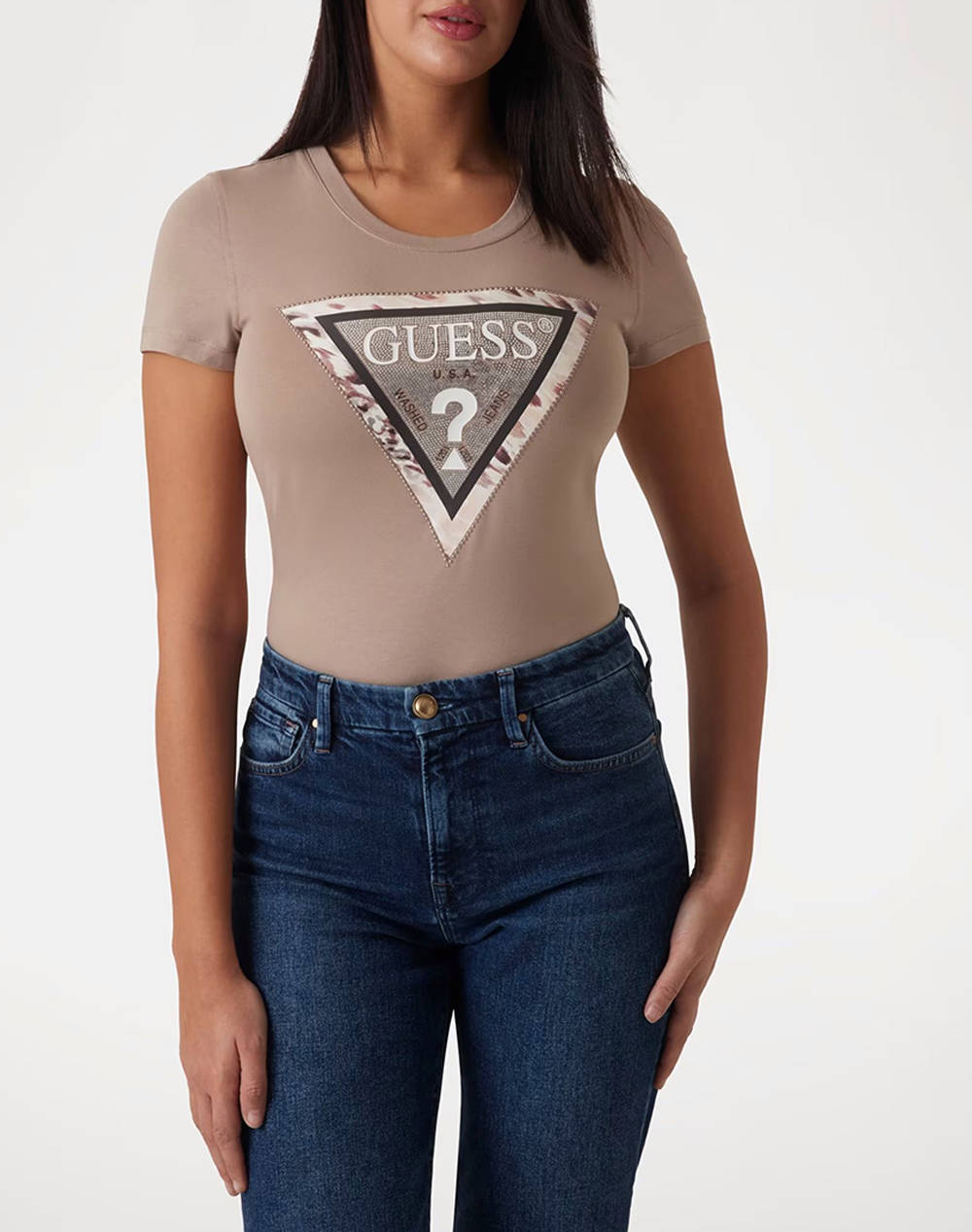 GUESS SS CN CHEETA LOGO TRIANGLE TEE WOMENS T-SHIRT