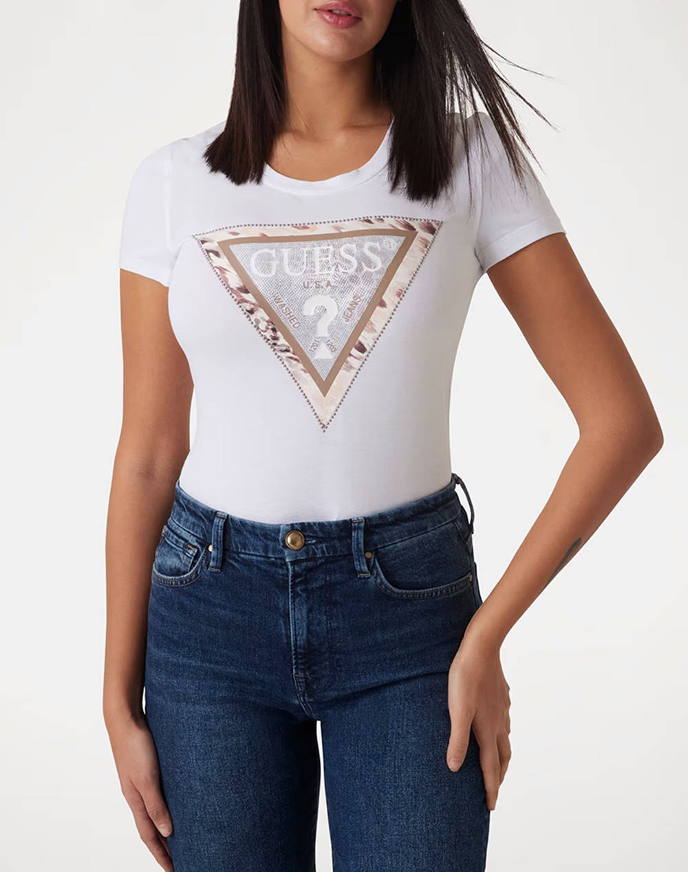 GUESS SS CN CHEETA LOGO TRIANGLE TEE WOMENS T-SHIRT