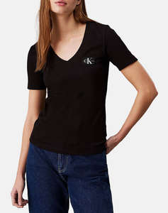 CALVIN KLEIN BLOUSE WOVEN LABEL RIB V-NECK TEE