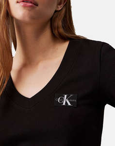 CALVIN KLEIN BLOUSE WOVEN LABEL RIB V-NECK TEE