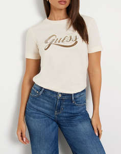 GUESS SS CN GLITTERY LOGO TEE WOMENS T-SHIRT